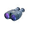 Dunkelgraues Fernglas mit violetten Linsen, das auf einer weißen Oberfläche liegt. Beschriftung: Canon, Bildstabilisator, All Weather.