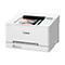 Weißer Canon-Laserdrucker. Auf einem Blatt Papier wird ein farbiges Bild gedruckt.