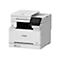 Imprimante multifonction Canon i-SENSYS blanche. Elle possède un scanner sur le dessus, un panneau de commande et un bac de sortie papier.