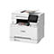 Weißer Canon-Drucker. Oben liegt ein farbig bedrucktes Blatt. Ein Touchscreen-Display ist sichtbar. Das Canon-Logo ist prominent platziert.