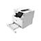 Ein weißer Canon-Multifunktionsdrucker. Der Papiereinzug ist geöffnet. Auf dem Touchscreen sind Symbole zu sehen.