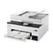 Weißer Canon MegaTank Multifunktionsdrucker mit bedrucktem Papier im Ausgabefach vor weißem Hintergrund.