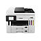 Ein weißer Canon-Multifunktionsdrucker. Er hat ein Bedienfeld mit farbigem Display, zwei Papierschächte und Tintenstandanzeigen.