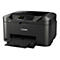 Schwarzer Canon Maxify Drucker; das Papierfach ist ausgezogen; Bedientasten und Display sind sichtbar.