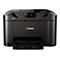 Imprimante Canon Maxify noire avec panneau de commande et sortie papier. Le panneau de commande affiche des icônes pour copier, scanner, faxer et wifi.