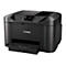 Une imprimante multifonction Canon MAXIFY noire. À l'avant, on trouve un écran tactile, des boutons de commande et un bac à papier.