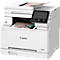 Witte Canon kleurenlaserprinter, een vel wordt bedrukt, scherm, Canon logo.