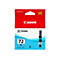 Cartouche d'encre Canon, rouge, blanc et bleu. 'Genuine' en haut, 'Canon' et 'Pixma' en dessous. En dessous '72 PC Photo Cyan'.