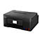 Schwarzer Canon Pixma Drucker. Farbige Tintenpatronen. Bedienfeld mit Touchscreen und Tasten.