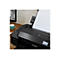 Schwarzer Canon-Drucker mit Papierauswurf. Auf dem Bedienfeld steht "Ready to print". Im Hintergrund: Schreibtisch, Bildschirm, Tasse.