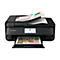 Schwarzer Canon-Multifunktionsdrucker. Auf dem Scanner liegen Diagramme, gedrucktes Papier kommt aus dem Ausgabefach.