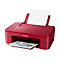 Roter Canon-Drucker mit ausgedrucktem Blatt und leerem Papier. Der Drucker hat das Logo und den Schriftzug Canon.