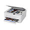 Weißer Canon Drucker, geöffnet, mit ausgedruckten Reiseinformationen.