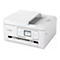 Imprimante multifonction Canon blanche. Couvercle ouvert. Panneau de commande avec options pour copier, scanner, imprimer. Lettrage Canon.