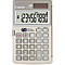 Beige Canon-Taschenrechner mit blauer Schrift. Auf dem Display: 1234567890. Zahlentasten und Funktionen wie TAX+ oder EURO.