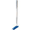 A metallic, vertical post stands on a blue base. The post has small holes.
