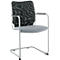 Gray mesh-back chair with armrests, silver frame and gray seat.