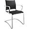 Black leather chair with armrests, chrome frame and ribbed backrest.