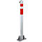 Silver bollard with red and white markings. Fixed with a bolt at the top and a square bracket at the bottom.
