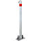 Silver bollard with red band, on a square base. At the top: ring with pin.
