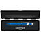 Pen set in an open black box. A black pen at the top, a blue pen at the bottom. Inscription: Caran d'Ache, Genève.