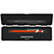 Pen set with two pens in a white box. A black pen on top, an orange pen below, both in black recesses.