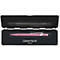 Opened silver pen box with a black and a pink ballpoint pen. The logo "CARAN D'ACHE Genève" is at the bottom.