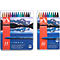 Two packs of fibre pens. Left: 15 pens, blue case with mountain landscape. Right: 10 pens, similar design.