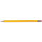 Yellow pencil, tapering to a point with a pink eraser.