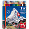 Colored pencils in a box with a Swiss mountain scene. A pencil says "Water soluble".