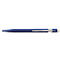 A blue ballpoint pen with silver accents. The pen shows a clear design, with a glossy finish and a clip.