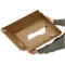 Person holding an open, brown shipping box. The box is viewed slightly from above, showing the inside.