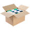Open cardboard box containing rolled trash bags in various colors.