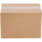 Cardboard box in shades of brown. It's sealed with two pieces of tape.