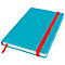 Cahier turquoise avec élastique et marque-page rouges. Logo Leitz en bas à gauche.