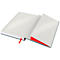 Carnet ouvert avec couverture grise, marque-page rouge. Pages ouvertes et règle d'un côté.