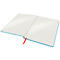 Cahier turquoise ouvert. Pages blanches ouvertes, signet rouge.