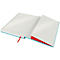 Carnet ouvert avec bordure bleu clair, marque-page rouge et papier blanc. Une couverture rouge est partiellement visible.