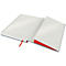 Carnet ouvert avec une couverture bleue, un signet rouge et du papier blanc.