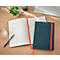 Cahier ouvert avec ruban rouge à côté d'un cahier fermé. À côté, une plante, un stylo et un clavier.