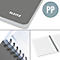Bloc-notes gris avec reliure spirale et logo Leitz. Ouvert : pages blanches lignées. Identification PP.