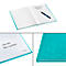Carnet turquoise, ouvert sur une page lignée avec un stylo. Détail: Nom, numéro de téléphone, logo. Gros plan sur la couverture avec motif géométrique.