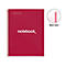 Cahier rouge à spirales. Texte blanc 'notebook'. Dans un cercle : détail du papier quadrillé.