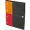 Cahier Oxford noir avec élastique, champs rouge/orange et texte : Meetingbook, logo Oxford.