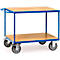 Carrito de transporte con mesa, acero/madera, 2 niveles, L 1000 x An 700 mm, hasta 600 kg, azul brillante/acabado en haya