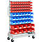 Carro contenedor de almacén, lados simples, ancho 1130 x fondo 510 x alto 1705 mm, 40 x 0,7 l rojo, 21 x 3 l azul, 10 x 7,5 l rojo