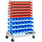 Carro para cajas con abertura frontal, bilateral, An 1130 x P 710 x Al 1705 mm, 120 x 0,7 l rojo, 56 x 7,5 l azul