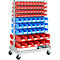 Carro para cajas con abertura frontal, bilateral, An 1130 x P 710 x Al 1705 mm, 80 x 0,7 l rojo, 42 x 3 l azul, 20 x 7,5 l rojo