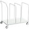 White transport cart with wheels and handle. Several vertical bars for storage.