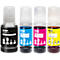 Quatre bouteilles d'encre KMP en noir, cyan, magenta et jaune sur fond blanc.